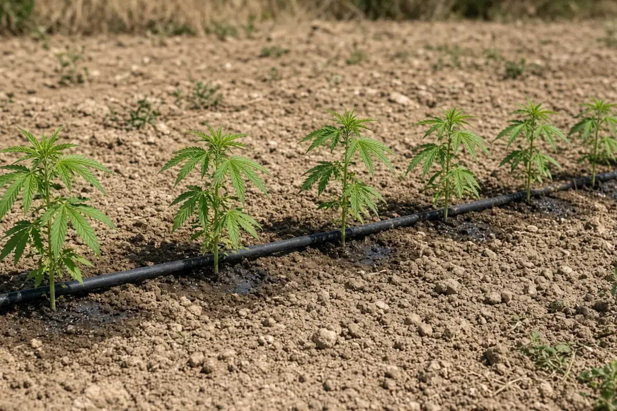 Photo-style illustration of a black drip irrigation line running along the base of widely spaced young hemp plants