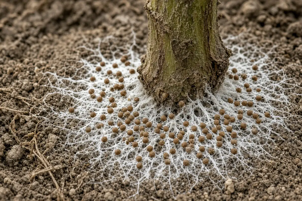 Photo-style illustration of white fungal growth and small tan round sclerotia on a hemp stem base at the soil line