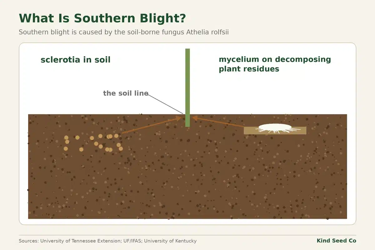 Diagram of southern blight sclerotia in soil and mycelium on plant residue infecting a stem at the soil line