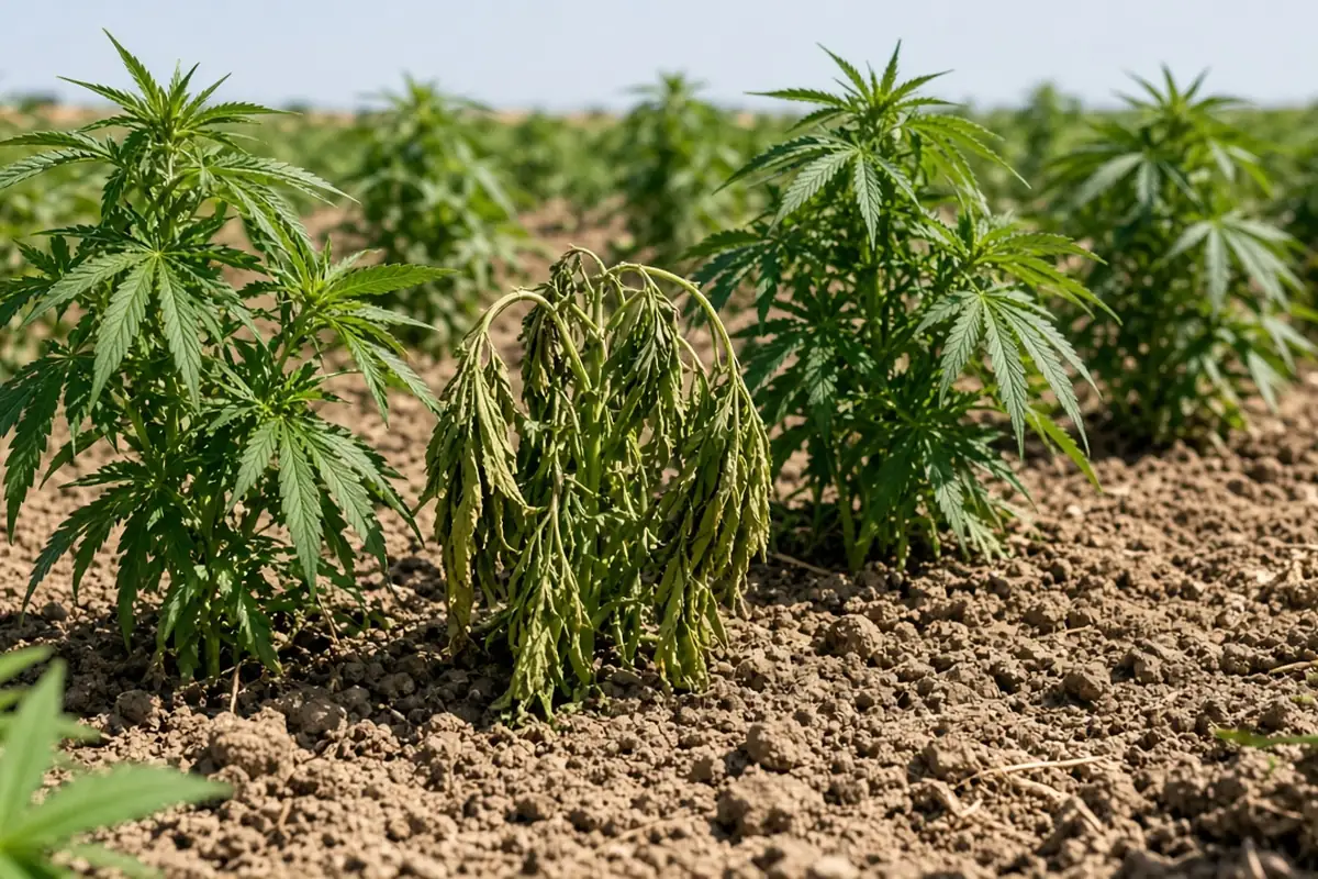 Photo-style illustration of one wilted outdoor hemp plant with yellowing leaves standing between healthy green plants