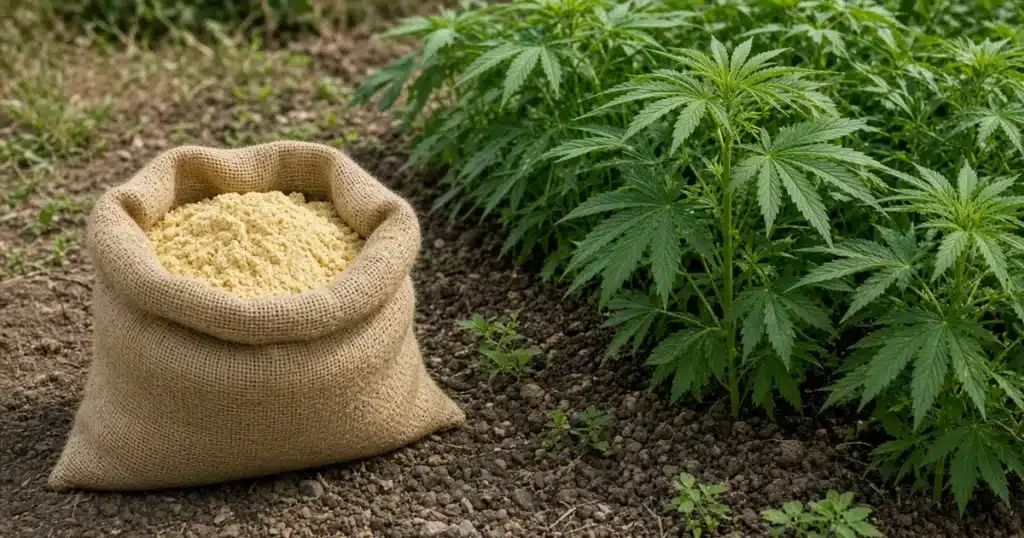 Pale yellow soybean meal in a burlap bag opened beside a bed of leafy cannabis plants in late spring