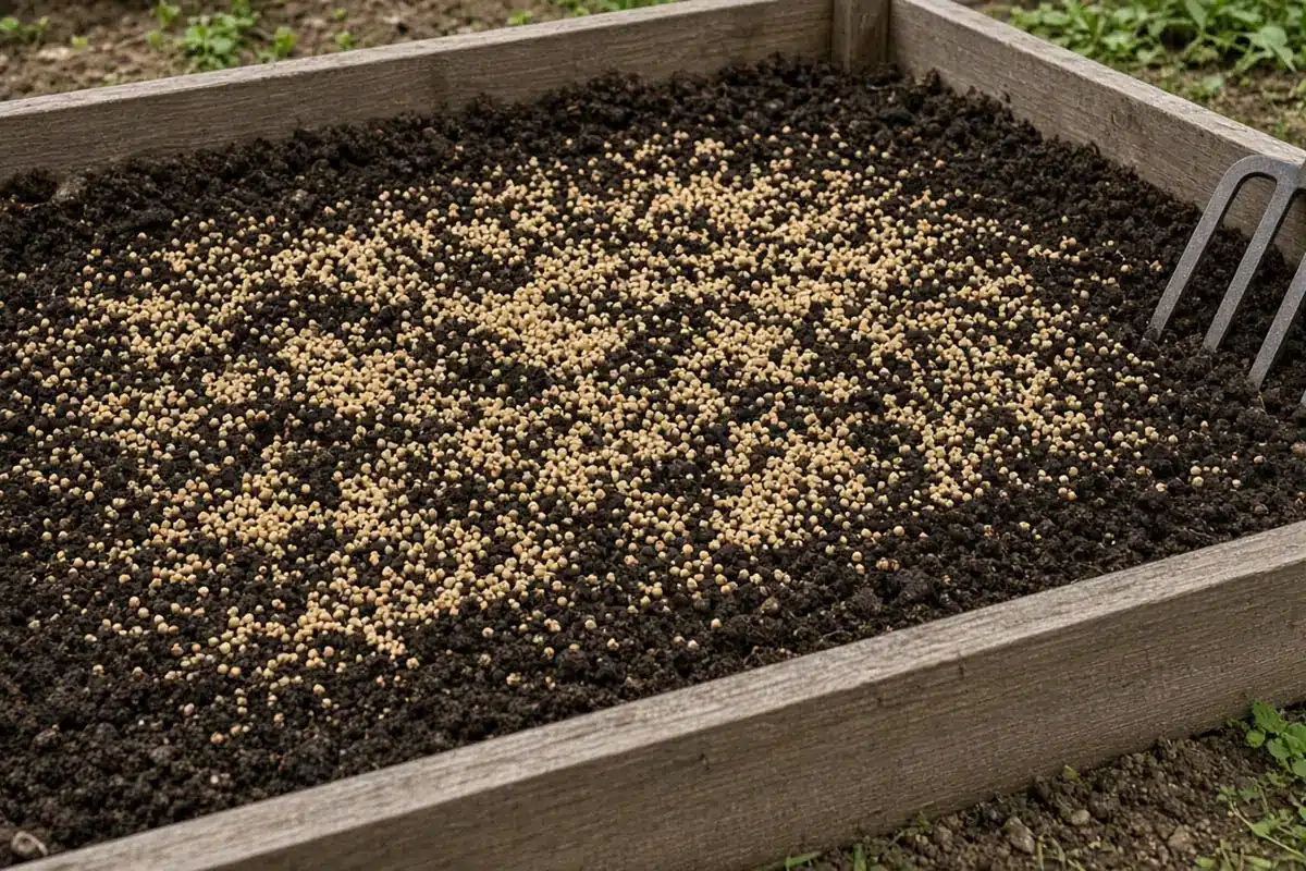 Light tan soybean meal scattered across dark soil in a raised bed before being forked in