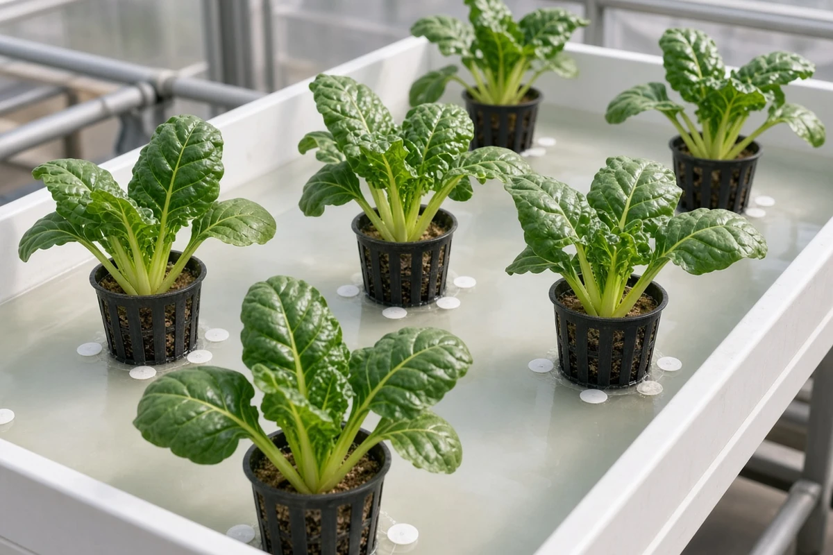 Spaced chard plants in a grow system