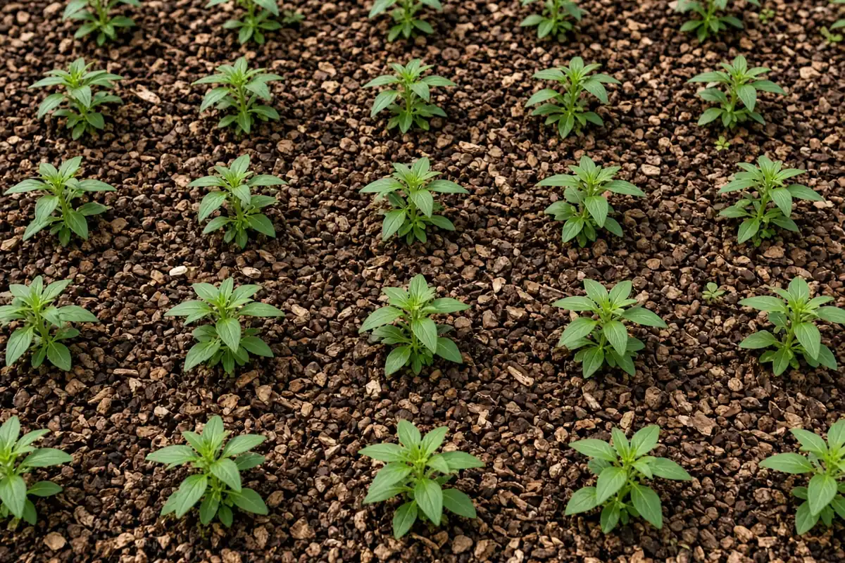 Spaced snapdragon seedlings in a mulched bed