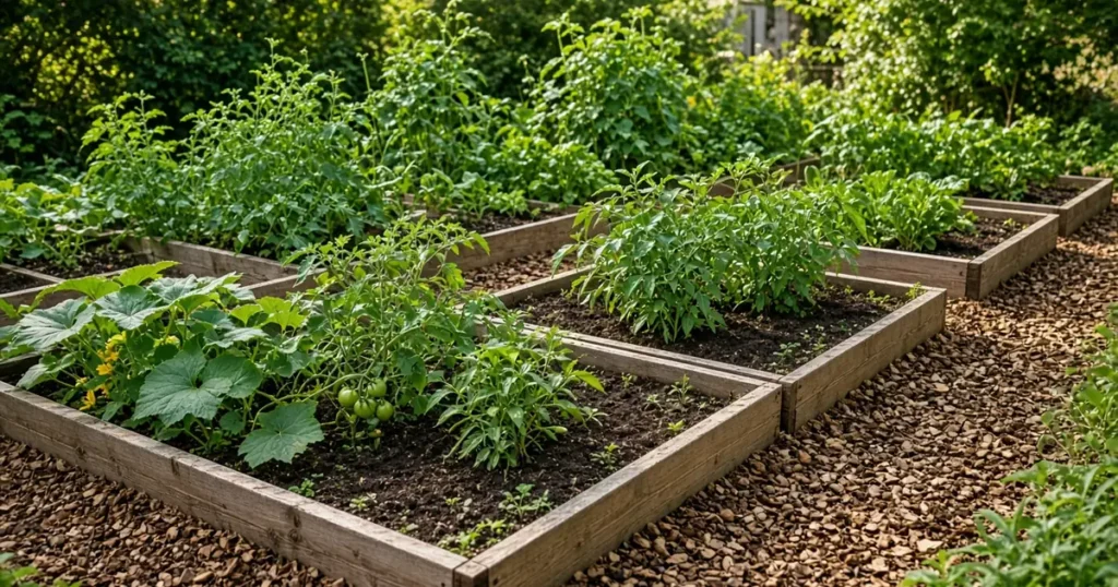 Raised beds with mulched paths between them