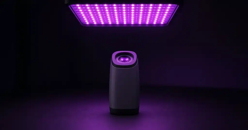 Handheld spectrometer under an LED grow light