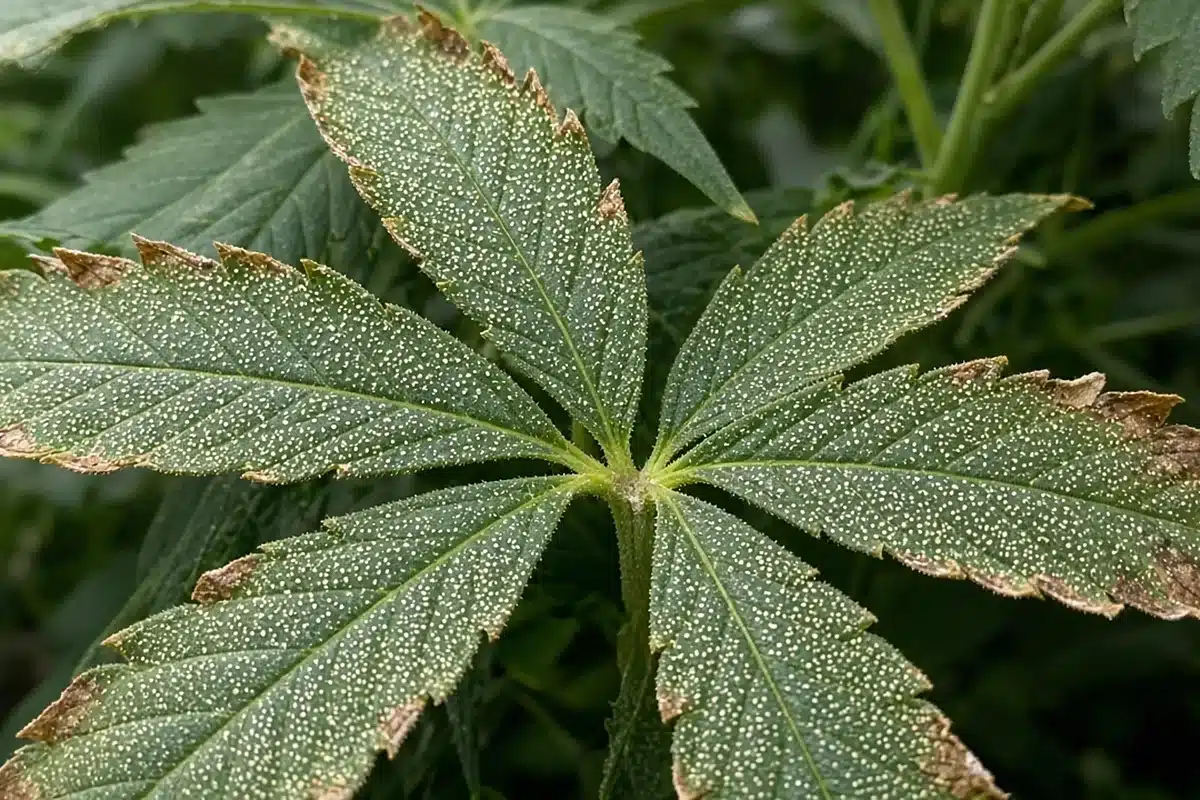 Speckled cannabis leaf from spider mite damage