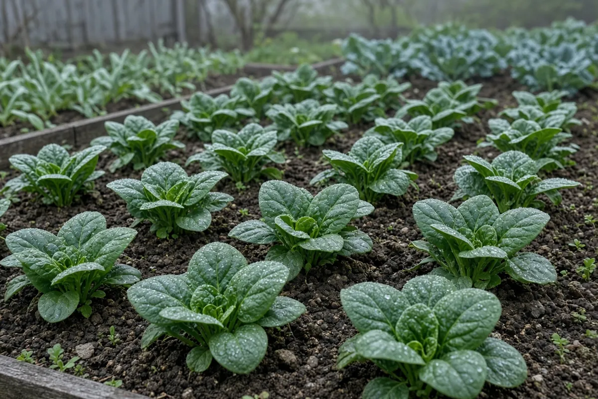 Spinach leaves in a cool season bed