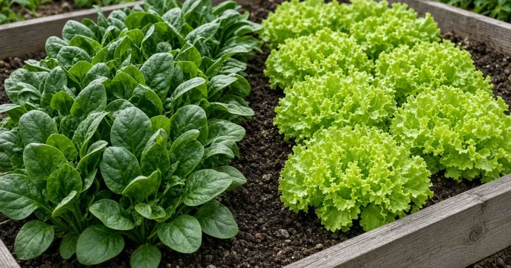 Spinach and lettuce growing in neighboring rows