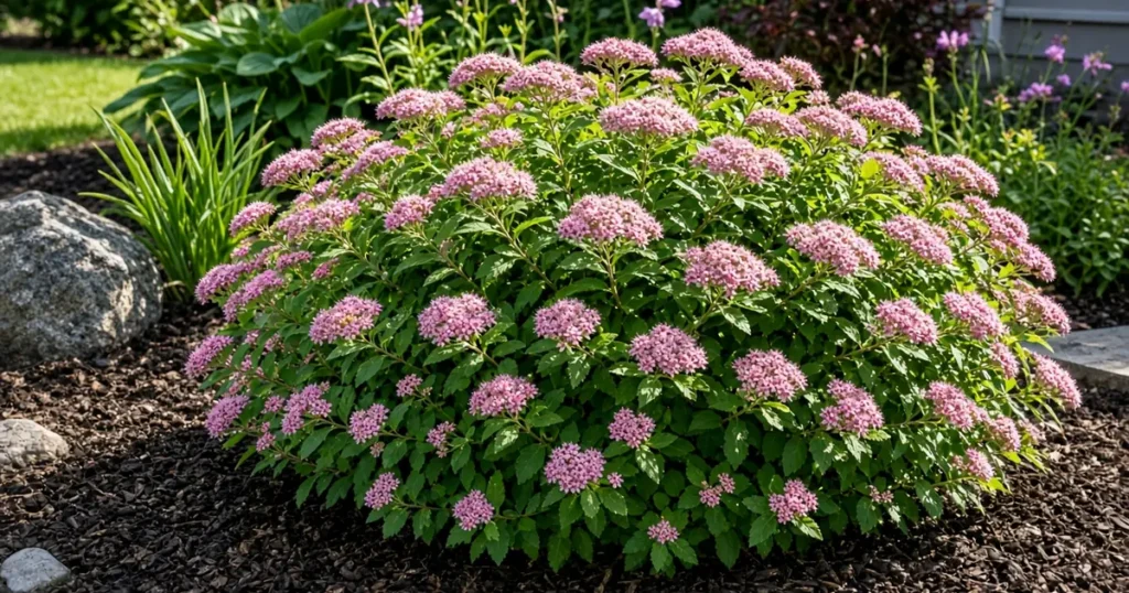 Spirea shrub with pink flower clusters