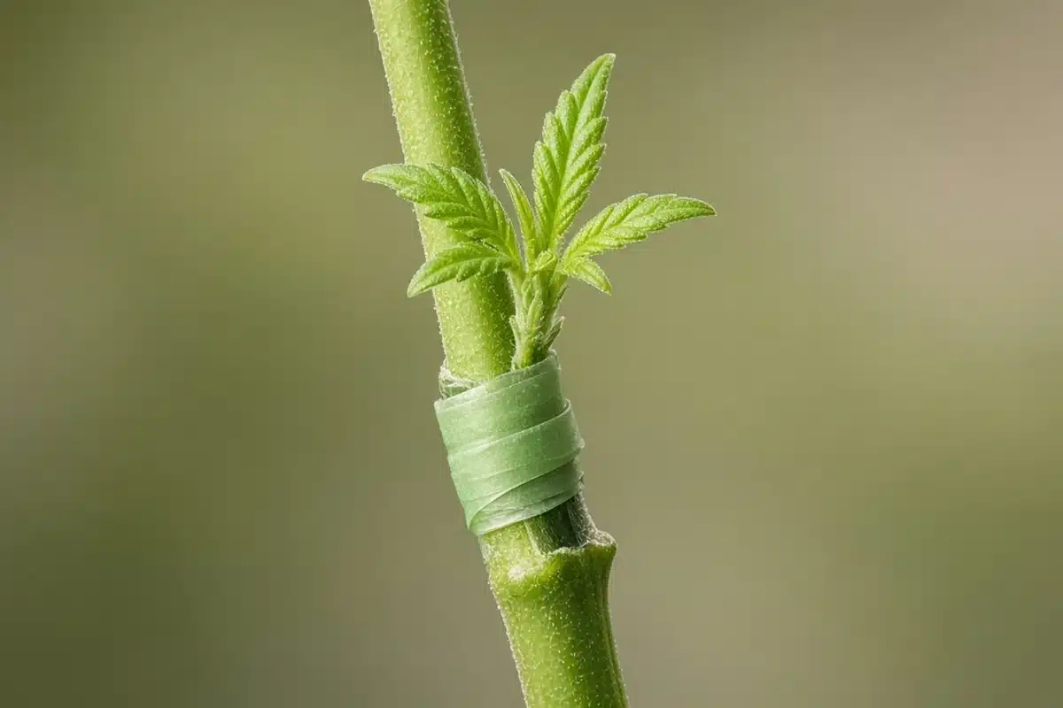 Close view of a cannabis splice graft wrapped in green tape with new leaves forming above the union