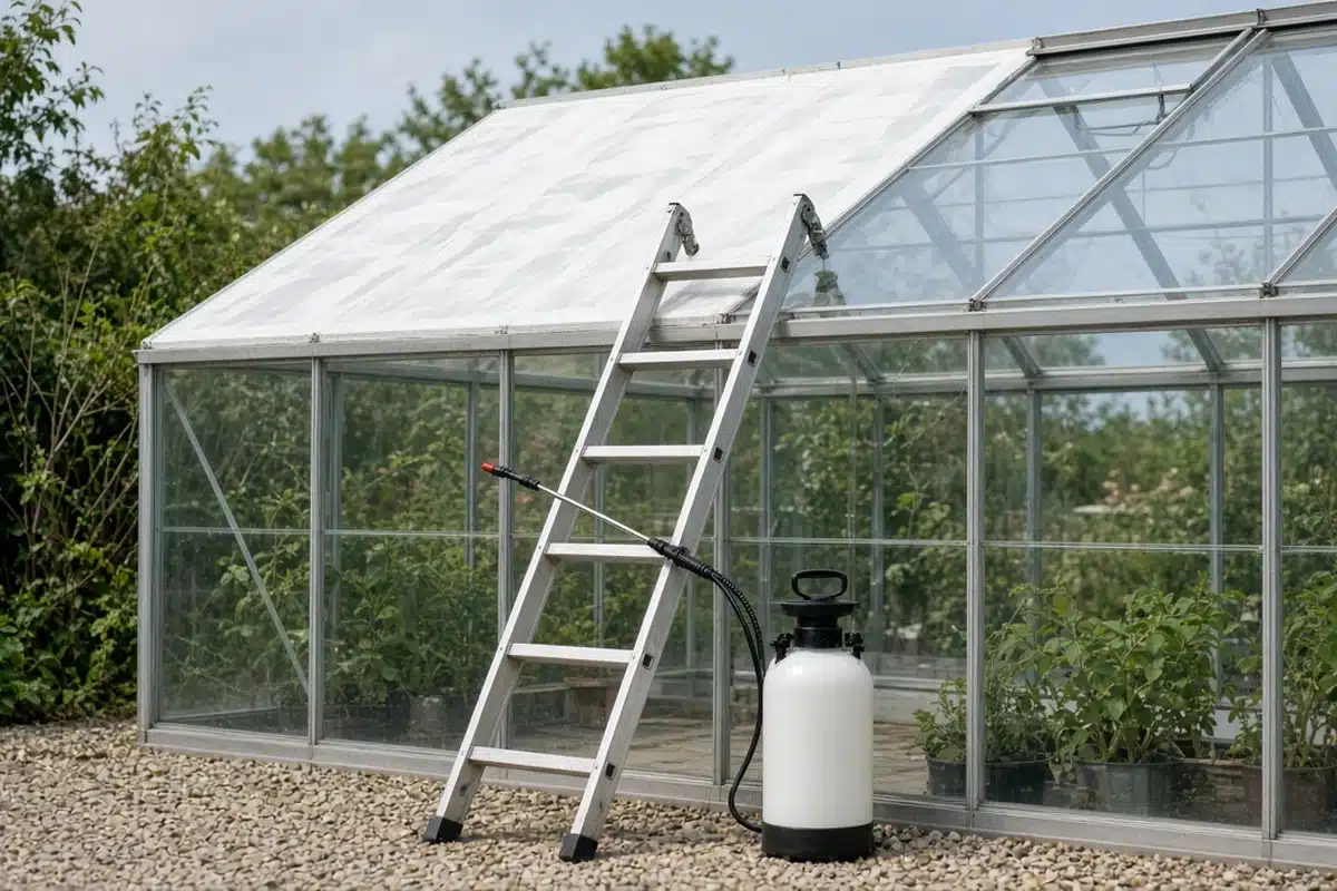 Garden sprayer wand resting on a ladder beside a glass greenhouse roof half coated in white shading paint