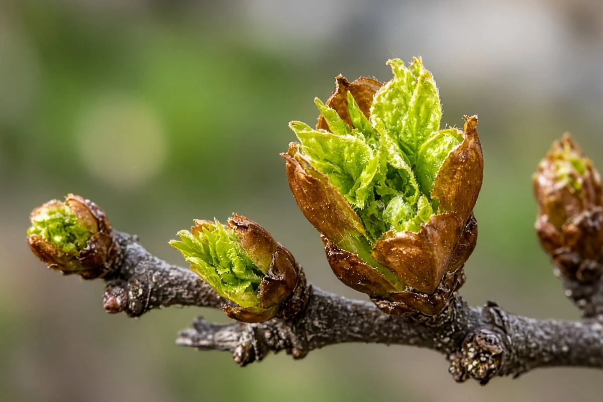Spring buds opening as bud scales part around new leaves
