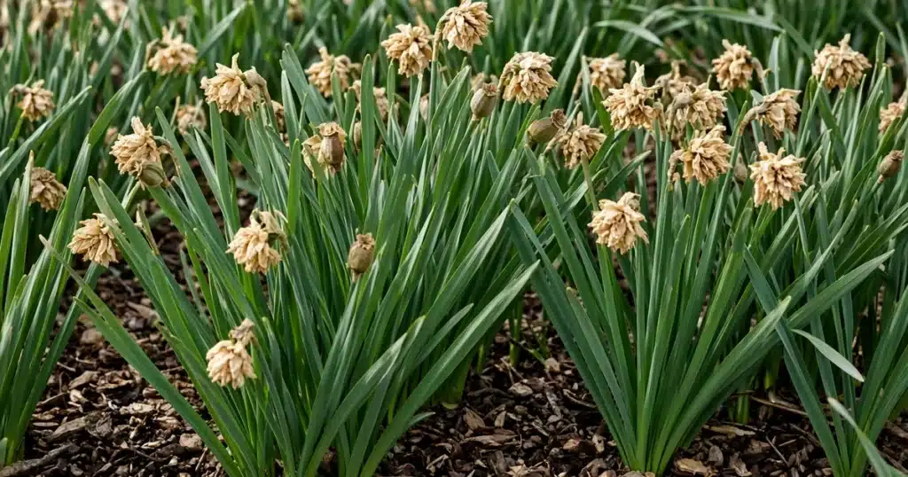 Daffodil leaves left after blooms fade in a bed