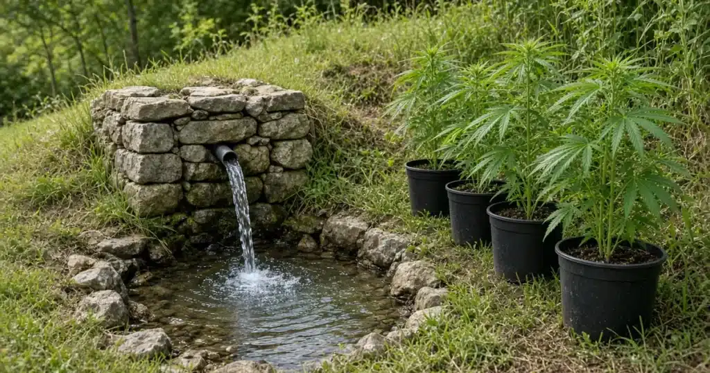 Small stone spring box with clear water flowing from a hillside pipe next to a row of potted cannabis plants