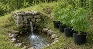 Small stone spring box with clear water flowing from a hillside pipe next to a row of potted cannabis plants