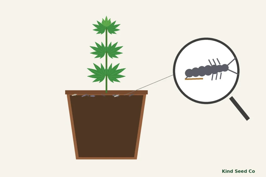 Illustration of a potted cannabis plant cut away to show damp soil, with tiny springtails on the surface and a magnifier