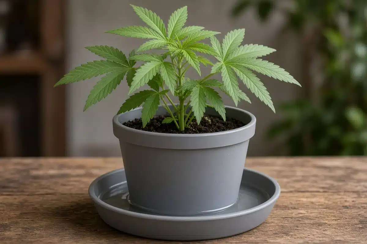 Photo-style illustration of a young cannabis plant in a pot sitting in a saucer of standing drain water on a bench
