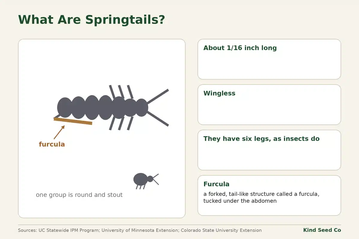 Diagram of a springtail with four facts: about 1/16 inch long, wingless, six legs, and a forked furcula for jumping