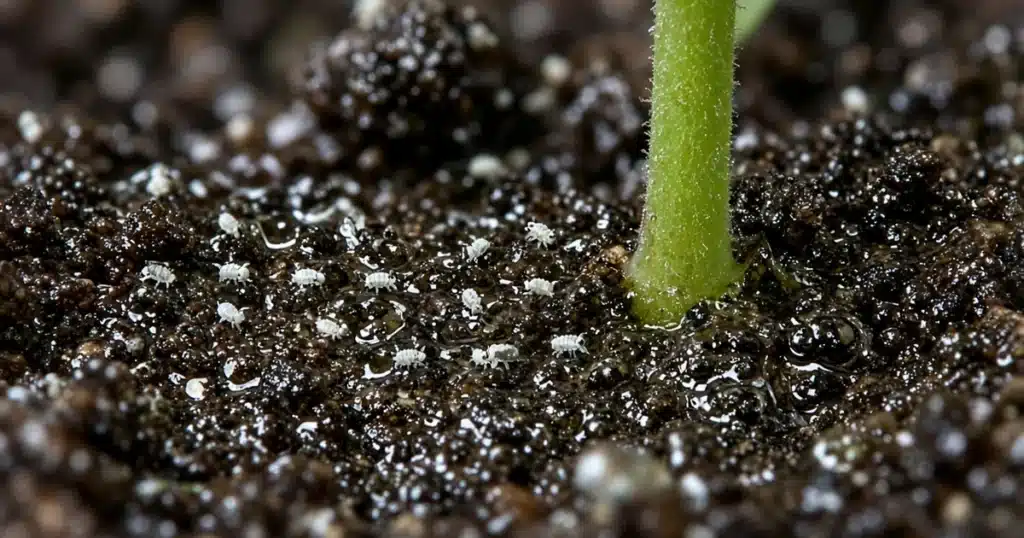 Tiny white springtails on wet dark potting mix beside a cannabis stem