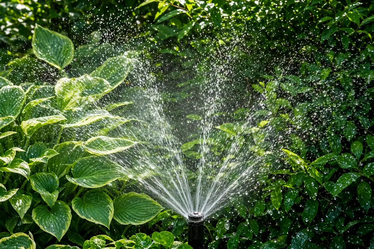Sprinkler spray over garden foliage