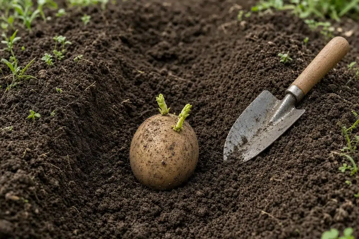 Sprouted seed potato in a planting hole beside a trowel