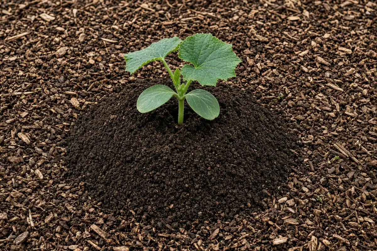 Squash transplant in a garden bed