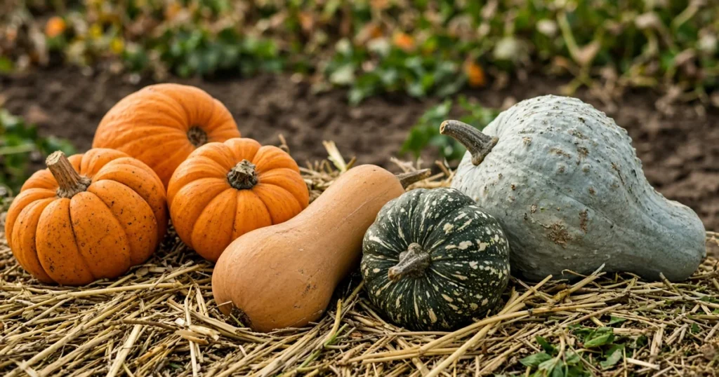 Pumpkins and winter squash of different shapes