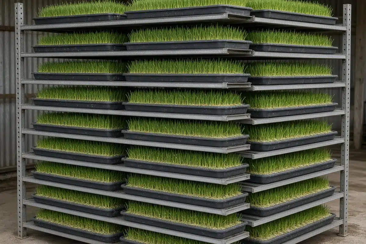 Stacked fodder trays on a rack