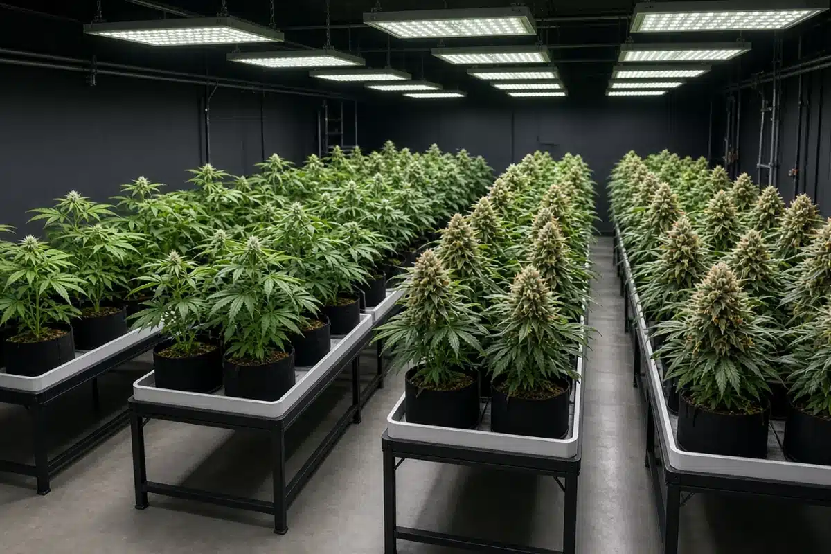 Rows of cannabis plants on benches in one grow room, from young vegetative batches to plants in late flower