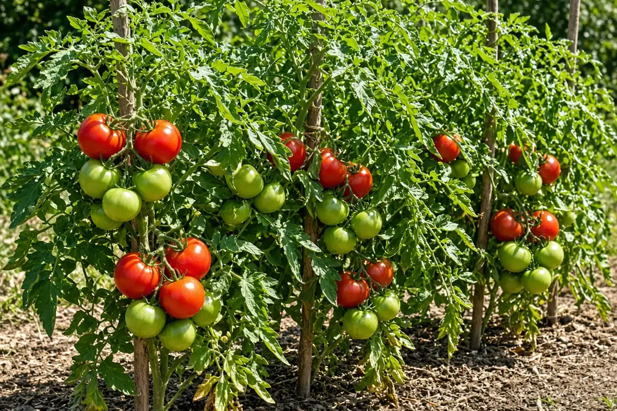 Staked tomato plants with red and green fruit in summer sun