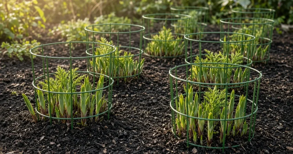 Young perennial shoots growing through green metal support rings