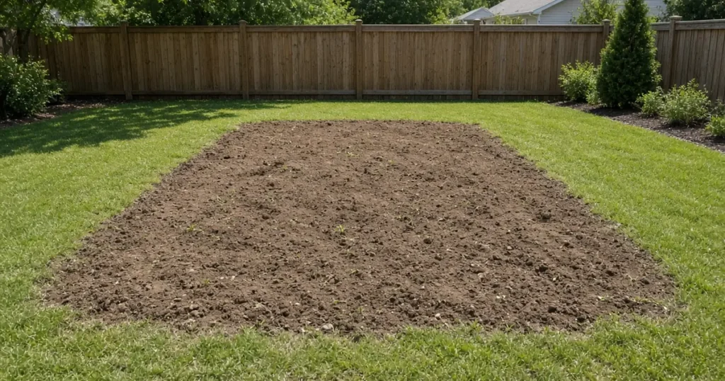 Sunny backyard with a newly cleared garden bed