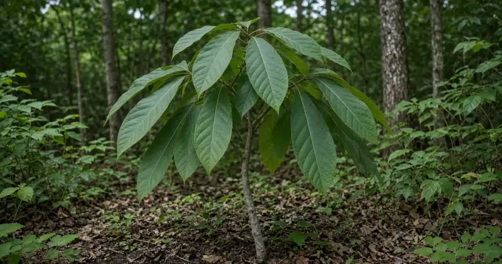 Pawpaw tree with large drooping leaves