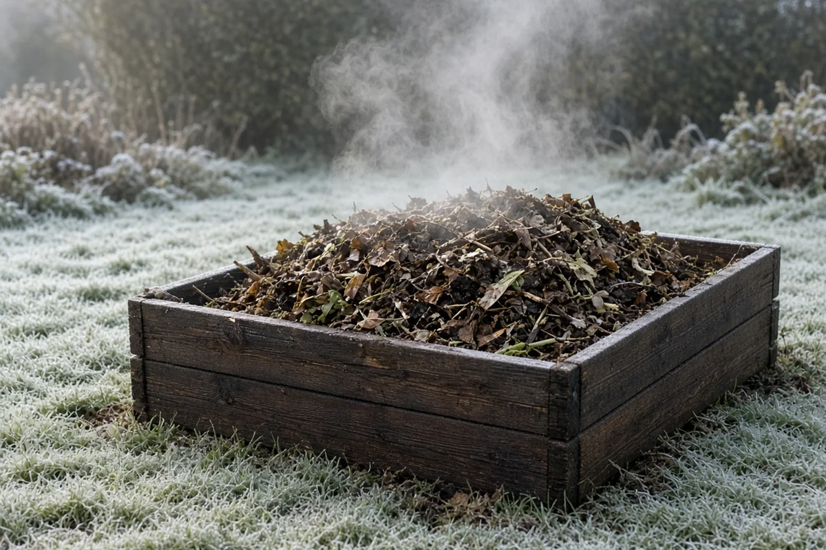 Steam rising from a compost pile on a cold morning