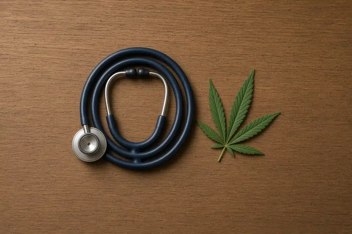 Stethoscope beside a hemp leaf on a desk