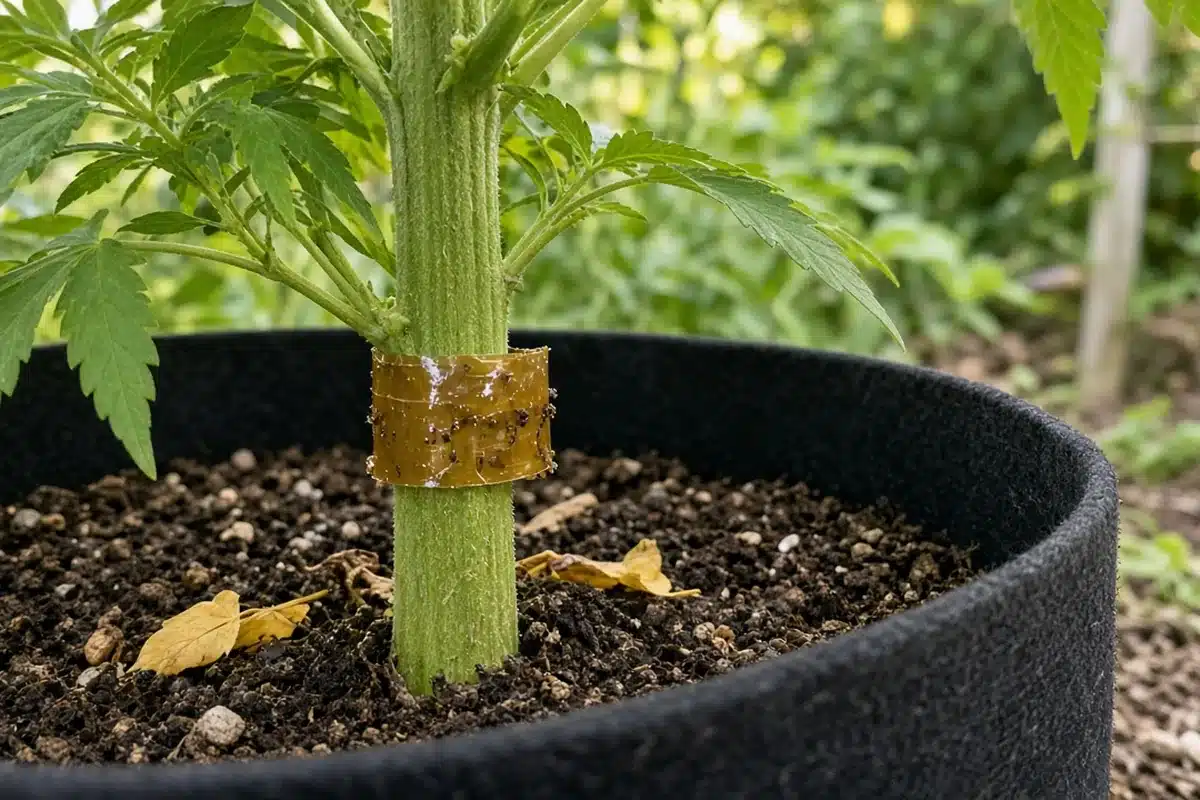 Sticky band wrapped around the base of a potted cannabis plant stem