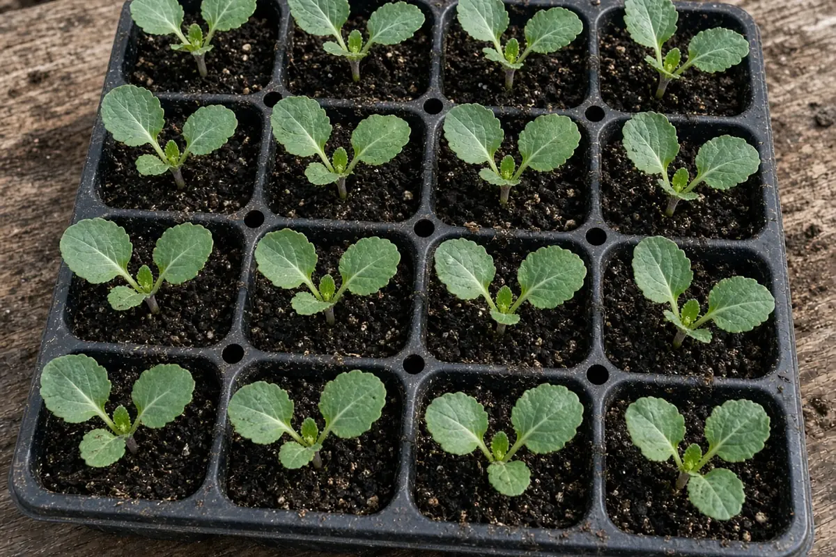Stocky brassica seedlings in cells