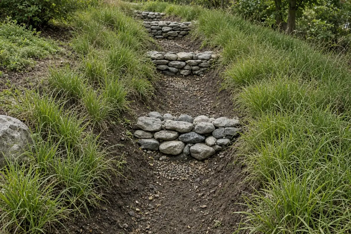Stone check points along a planted runoff channel