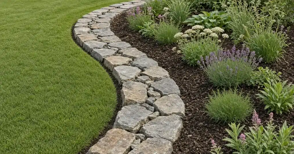 Dry laid fieldstone edging along a curved garden bed