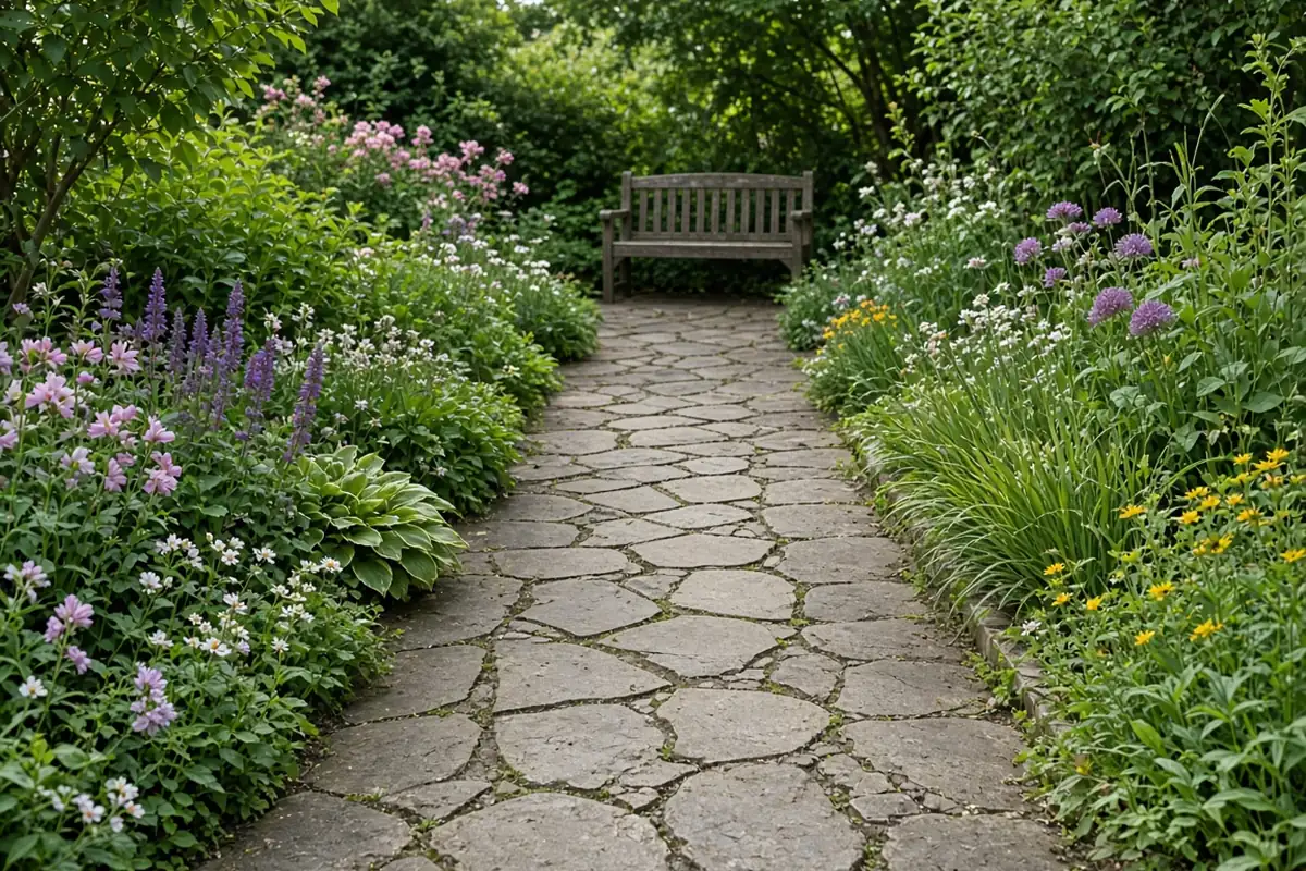 Stone path leading to a bench in a planted border