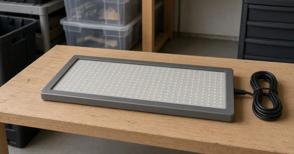 Clean LED grow light panel on a workbench in a storage room