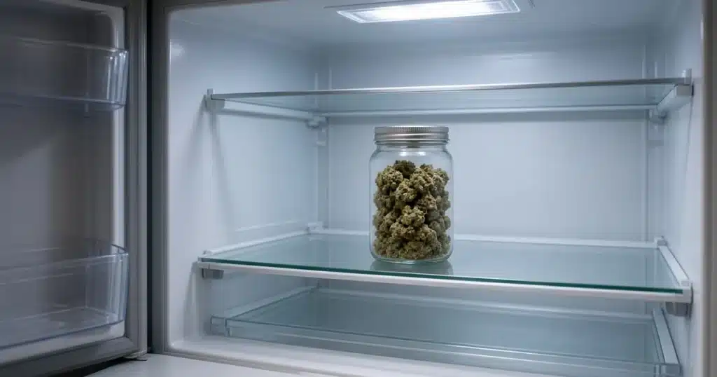 Closed glass jar of dried cannabis buds on a refrigerator shelf with the door open