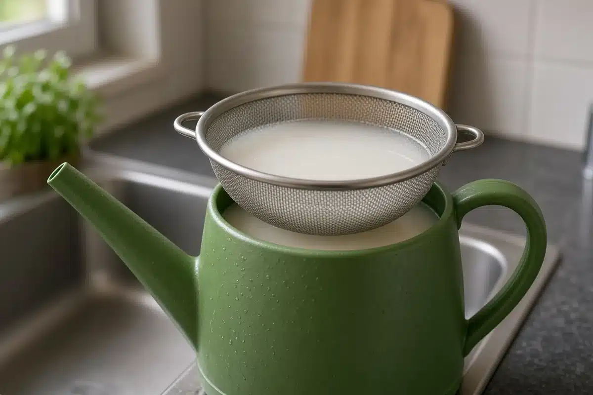 Fine sieve resting on a green watering can at a sink edge, with cloudy rice water inside