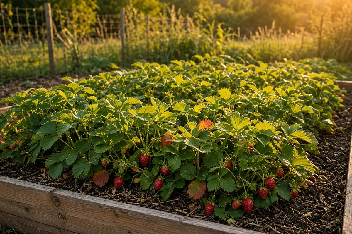 Strawberries growing in a raised bed in late summer