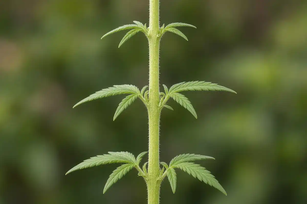 Stretched cannabis seedling with long gaps between nodes
