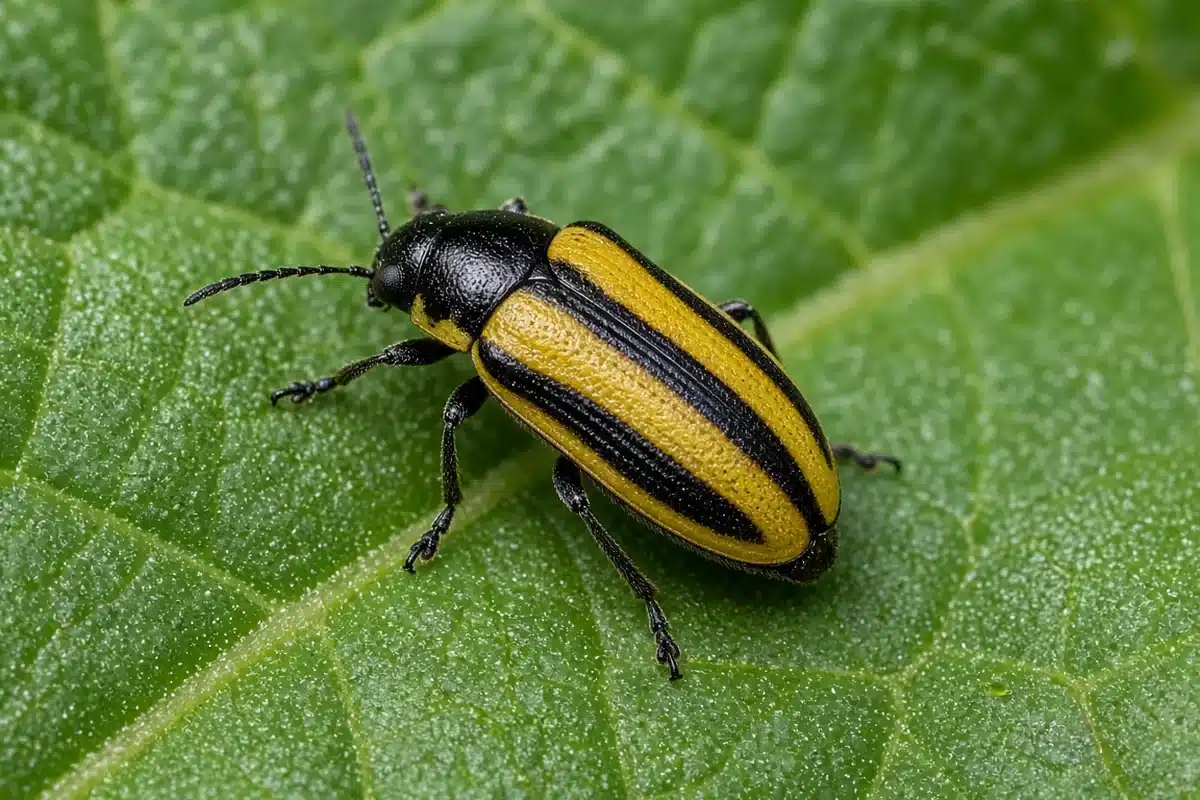Striped cucumber beetle on a leaf