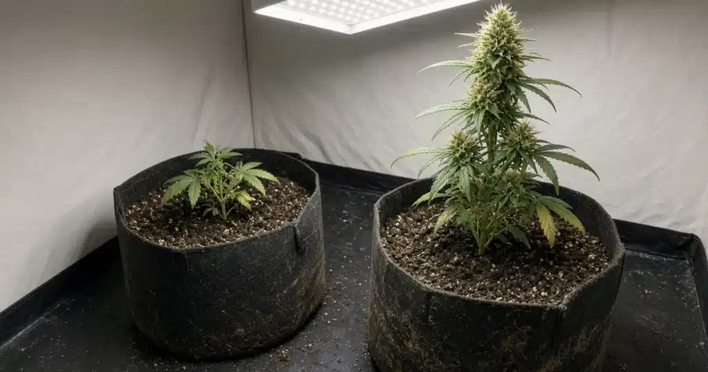 Small autoflower cannabis plant in a large pot beside a taller healthy one in a grow tent