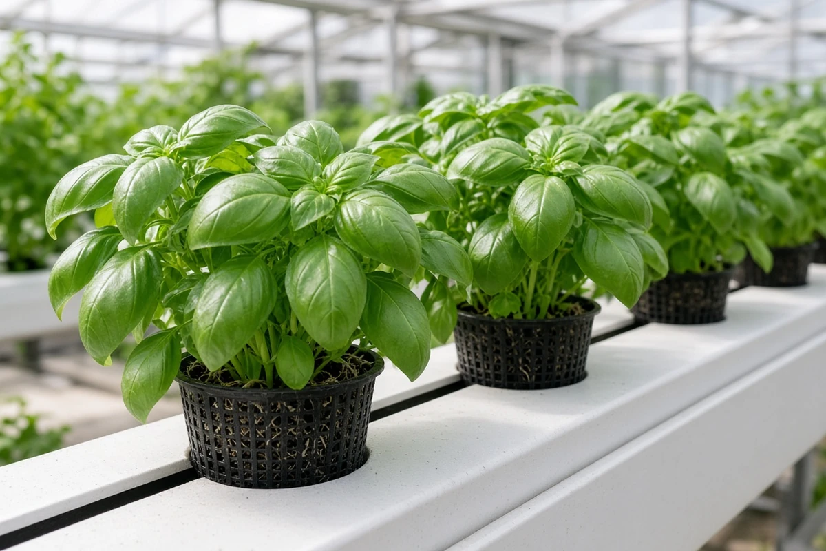 Sturdy young basil plants in net pots