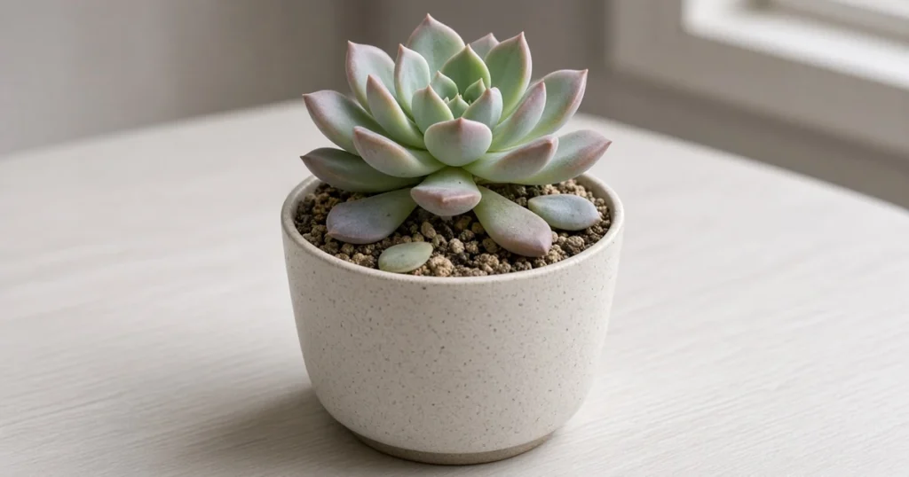 Succulent with a few dropped leaves on the soil